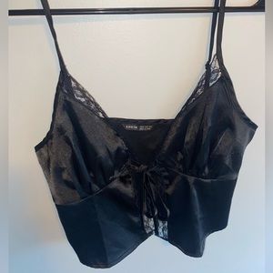 Satin, lace trim, tie front tank top